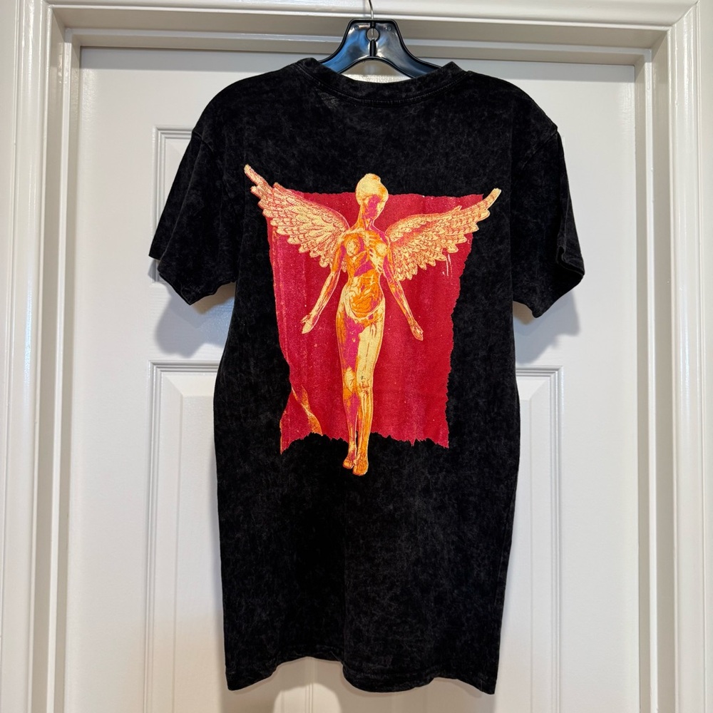 New! NIRVANA Black Cotton Tee Pink Logo Beautiful Graphic on Back Women’s Size S